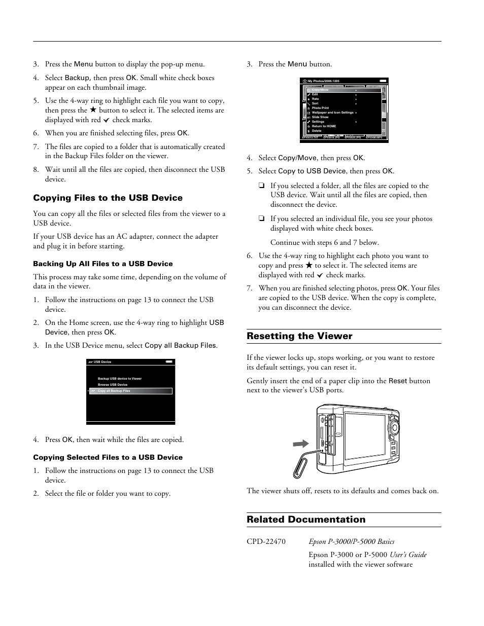 Copying files to the usb device, Resetting the viewer, Related documentation | Epson P-3000 User Manual | Page 14 / 14