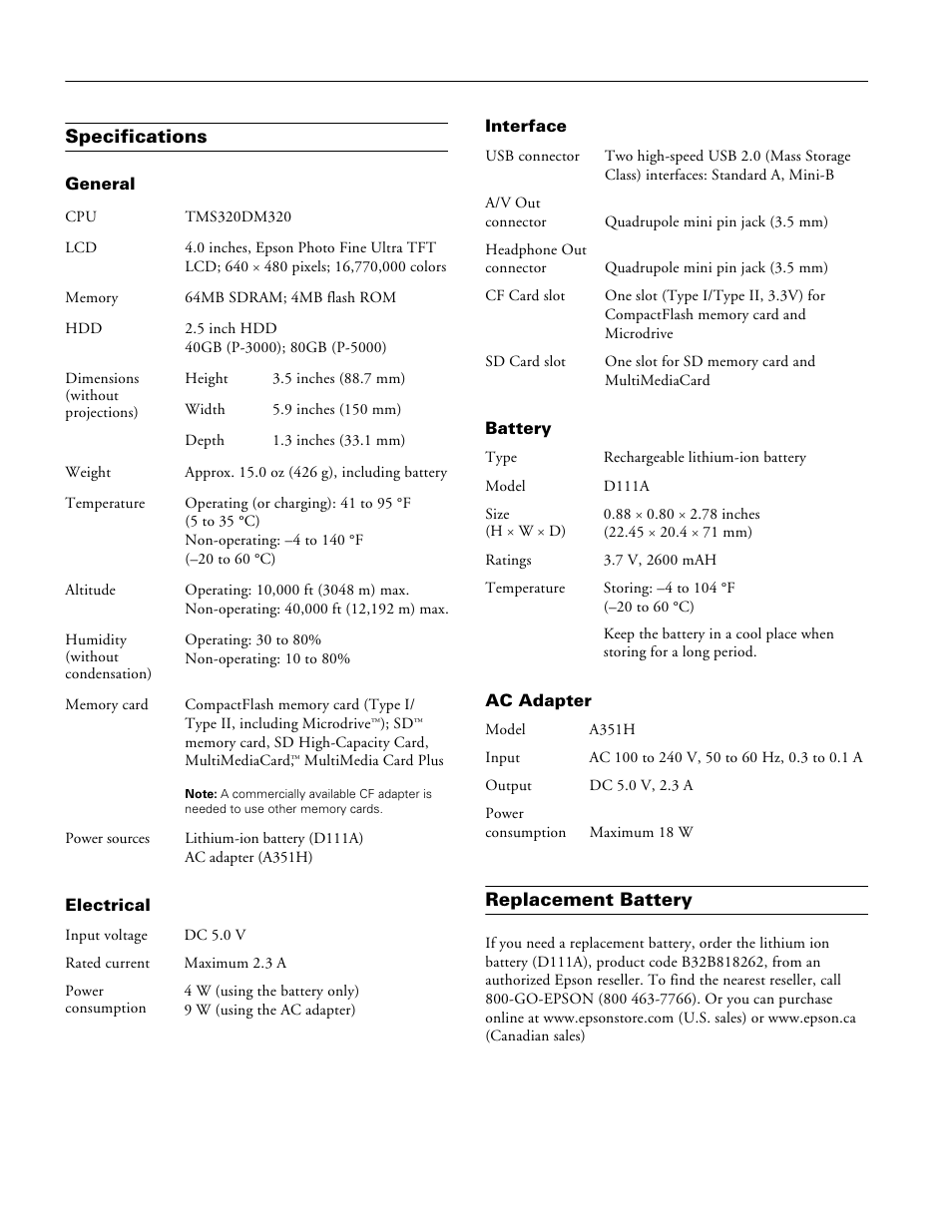 Specifications, General, Electrical | Interface, Battery, Ac adapter, Replacement battery | Epson P-3000 User Manual | Page 2 / 14