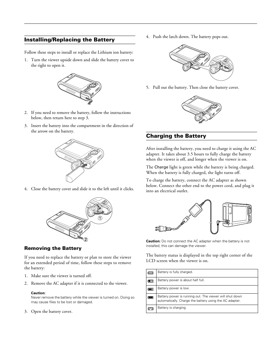 Installing/replacing the battery, Removing the battery, Charging the battery | Epson P-3000 User Manual | Page 3 / 14