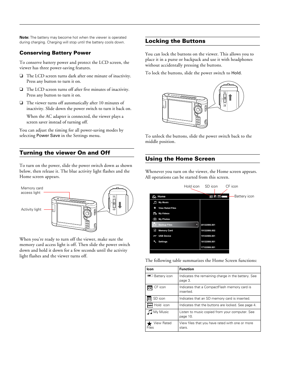 Conserving battery power, Turning the viewer on and off, Locking the buttons | Using the home screen | Epson P-3000 User Manual | Page 4 / 14