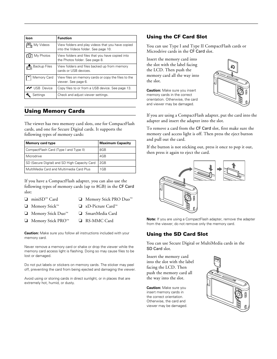 Using memory cards, Using the cf card slot, Using the sd card slot | Epson P-3000 User Manual | Page 5 / 14