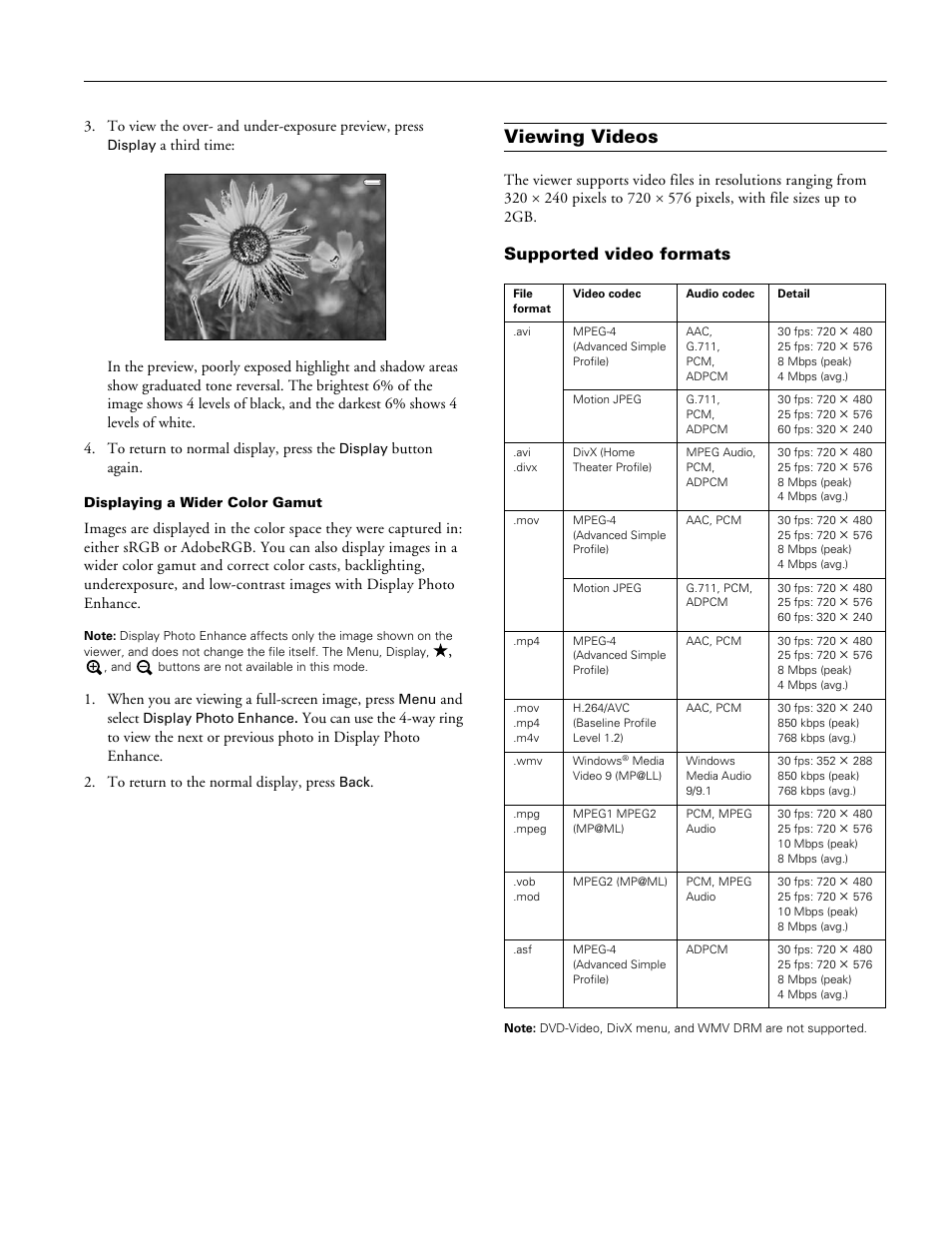 Viewing videos, Supported video formats | Epson P-3000 User Manual | Page 9 / 14