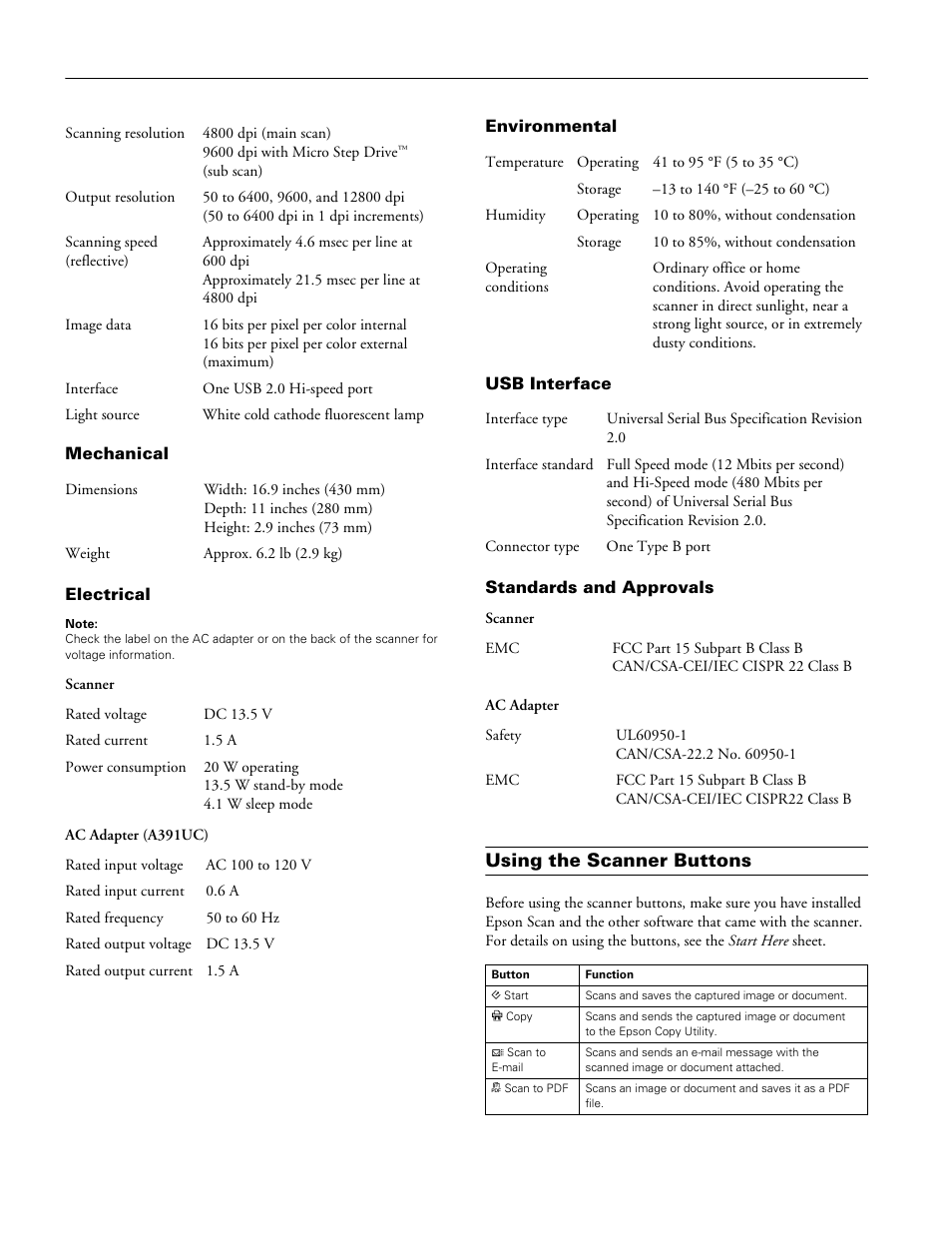 Mechanical, Electrical, Environmental | Usb interface, Standards and approvals, Using the scanner buttons | Epson V350 User Manual | Page 2 / 10
