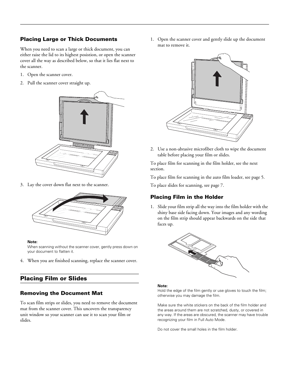 Placing large or thick documents, Placing film or slides, Removing the document mat | Placing film in the holder | Epson V350 User Manual | Page 4 / 10