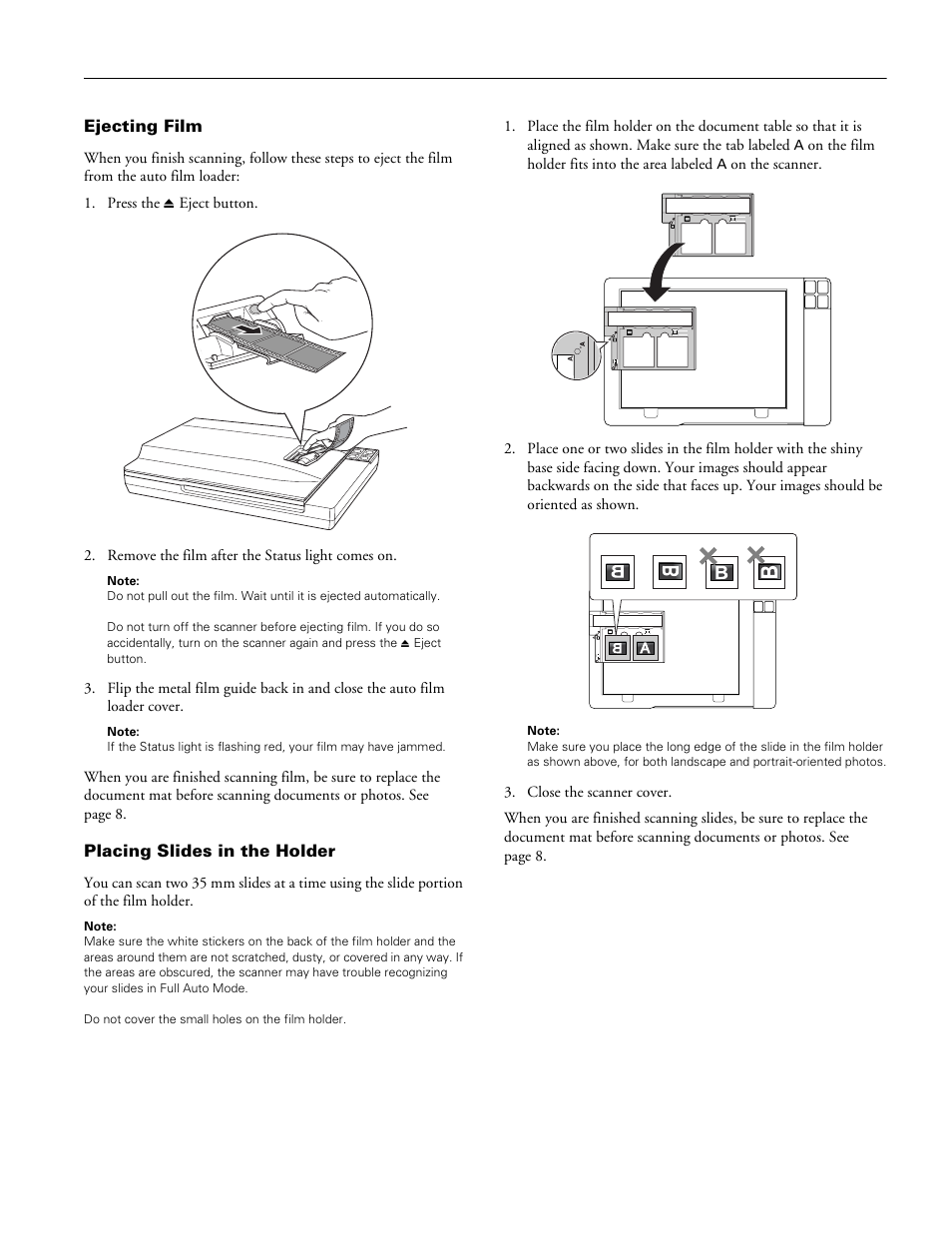 Ejecting film, Placing slides in the holder | Epson V350 User Manual | Page 7 / 10