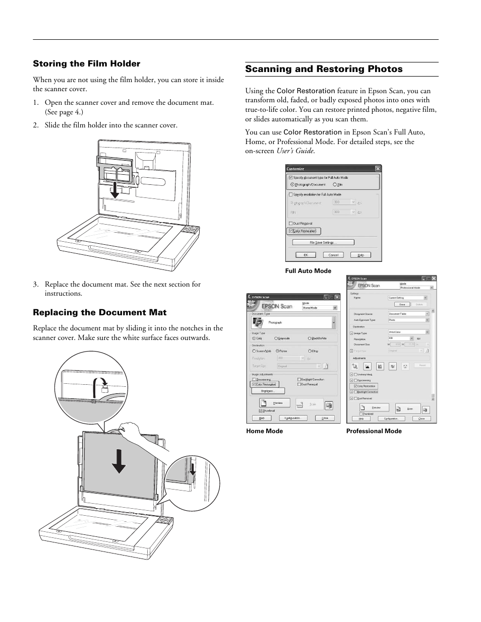 Storing the film holder, Replacing the document mat, Scanning and restoring photos | Epson V350 User Manual | Page 8 / 10