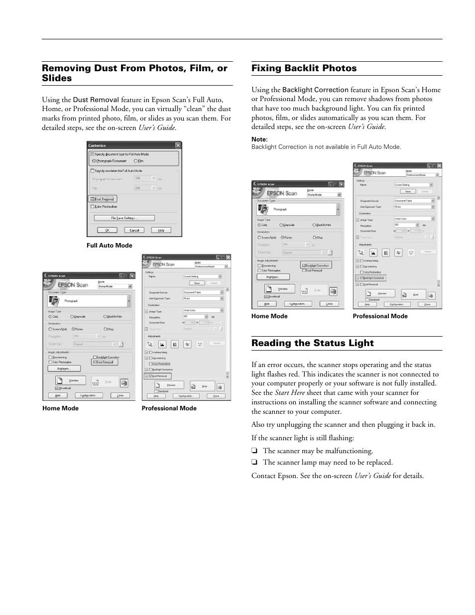 Removing dust from photos, film, or slides, Fixing backlit photos, Reading the status light | Epson V350 User Manual | Page 9 / 10