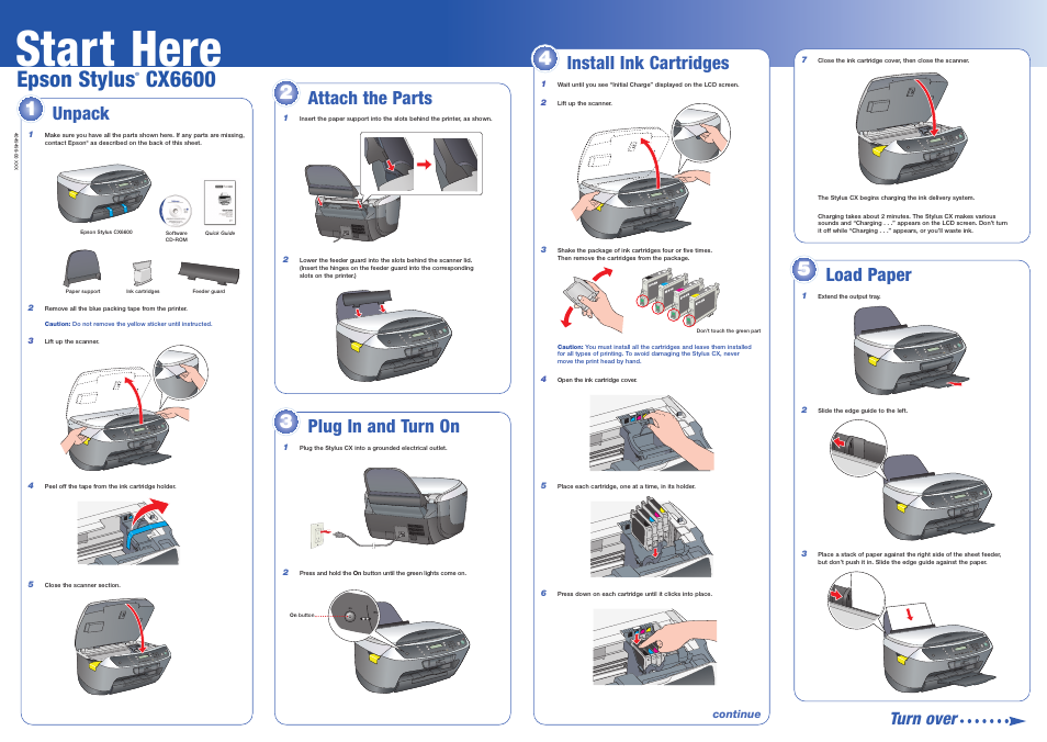 Load paper, Start here, Epson stylus | Cx6600, Install ink cartridges, Unpack turn over, Load paper attach the parts, Plug in and turn on | Epson Stylus CX6600 User Manual | Page 4 / 8