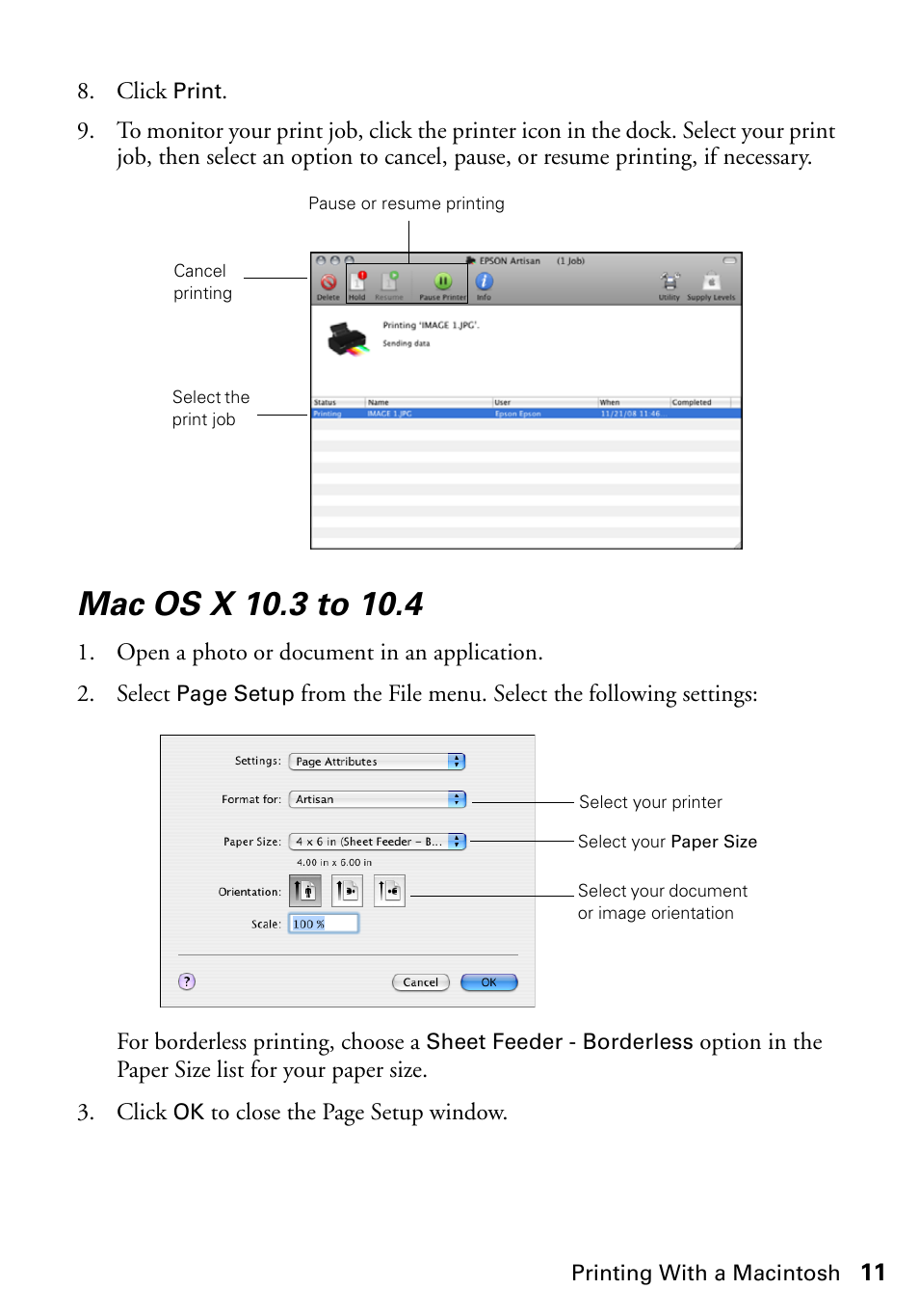 Mac os x 10.3 to 10.4 | Epson Artisan 50 Series User Manual | Page 11 / 36