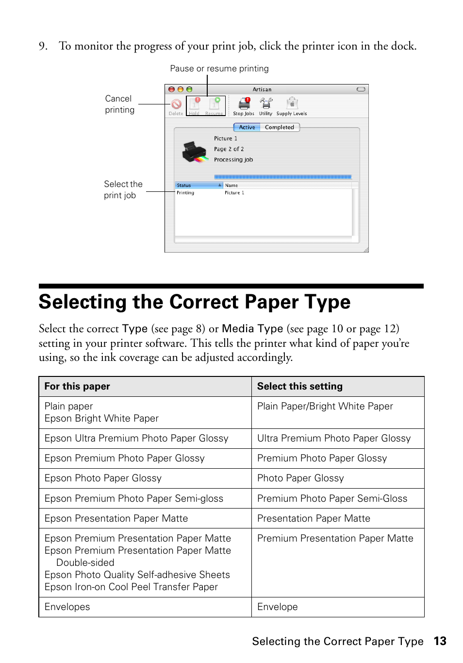 Selecting the correct paper type, Select the correct, S ee page 8) or | Epson Artisan 50 Series User Manual | Page 13 / 36