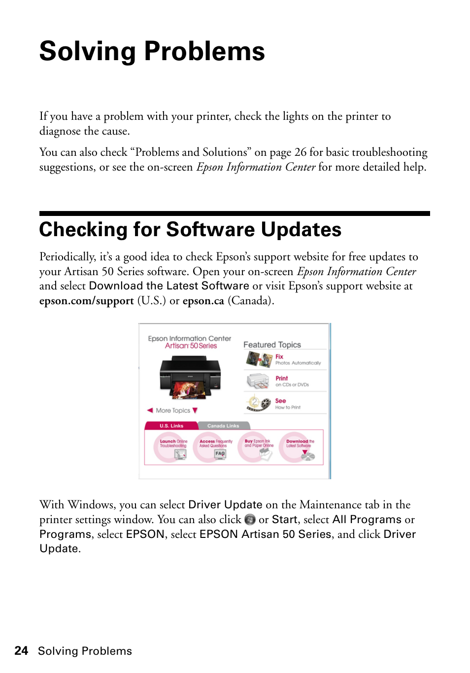 Solving problems, Checking for software updates | Epson Artisan 50 Series User Manual | Page 24 / 36