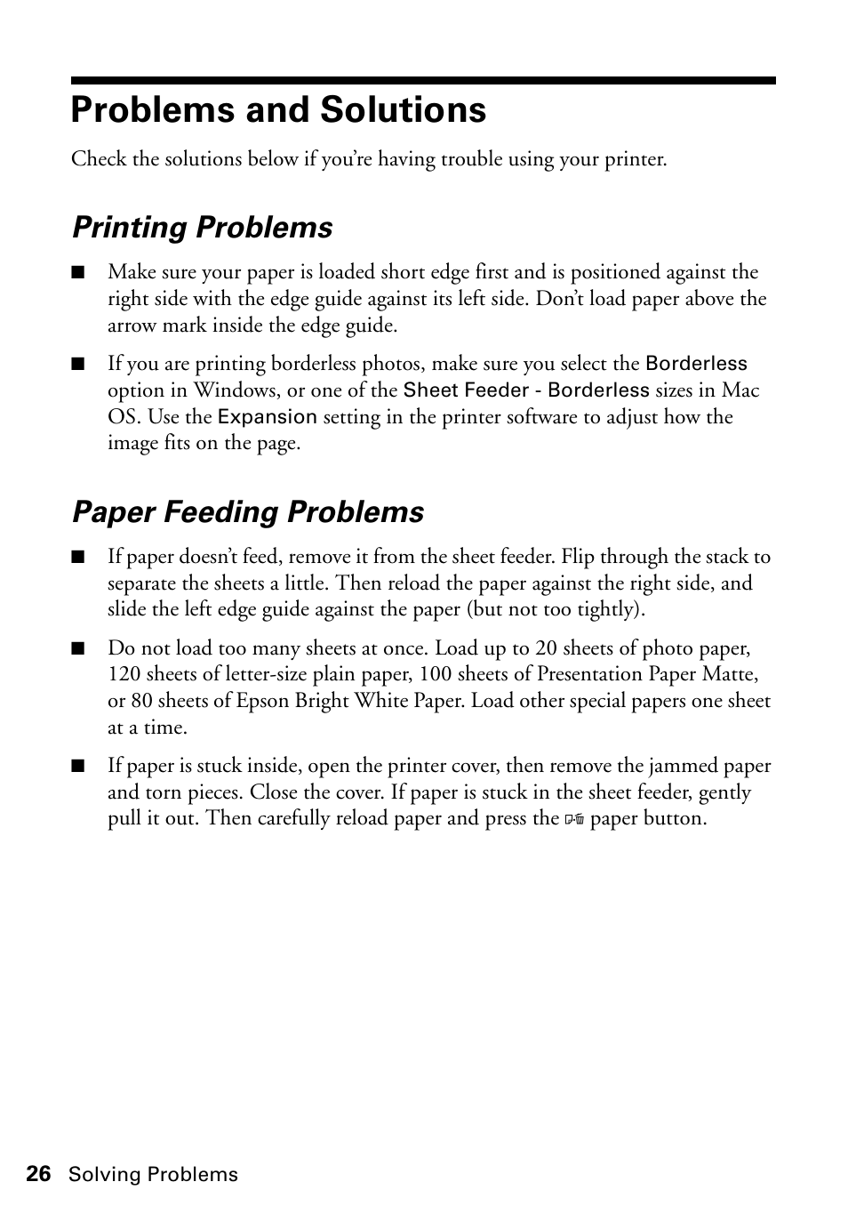 Problems and solutions, Printing problems, Paper feeding problems | Epson Artisan 50 Series User Manual | Page 26 / 36