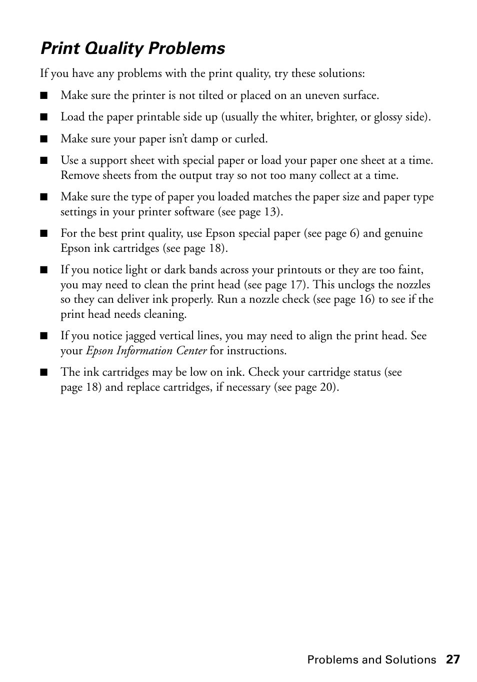 Print quality problems | Epson Artisan 50 Series User Manual | Page 27 / 36