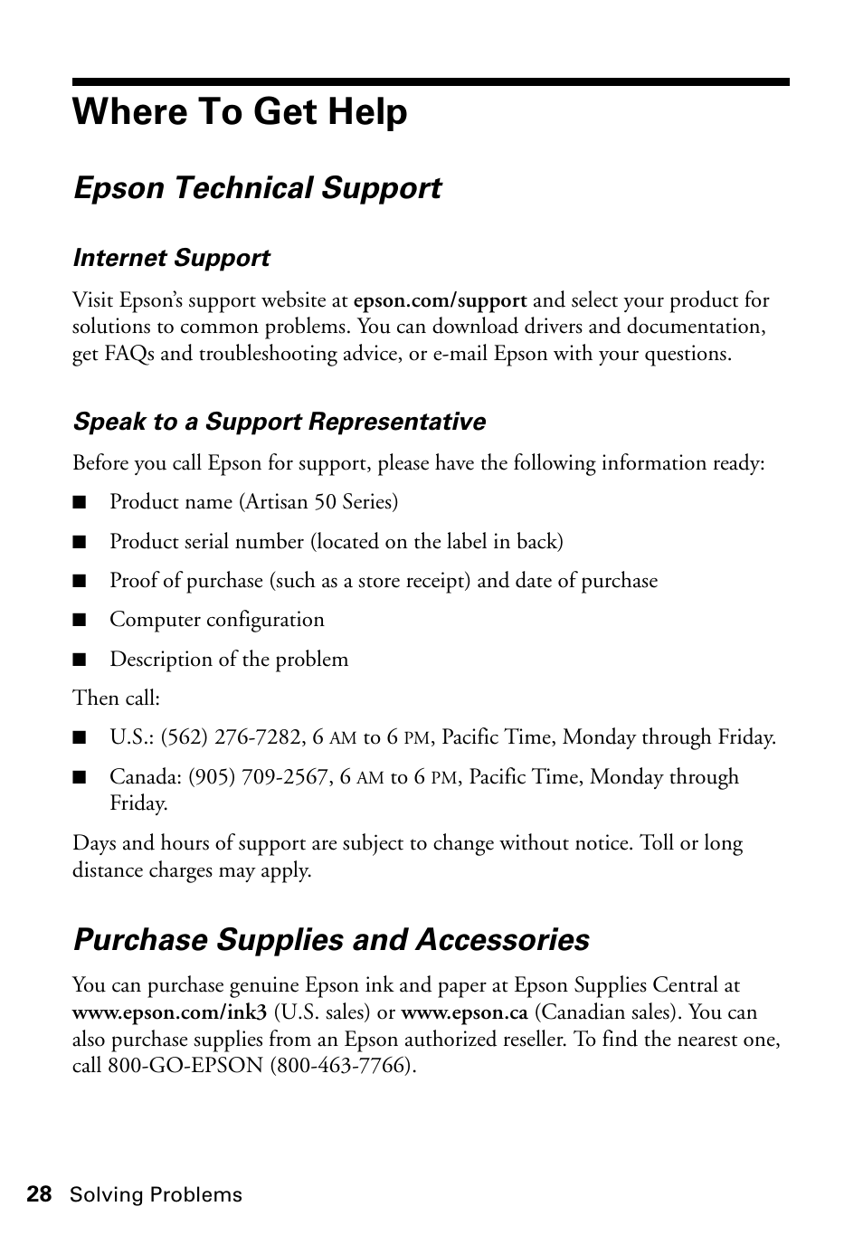 Where to get help, Epson technical support, Purchase supplies and accessories | Epson Artisan 50 Series User Manual | Page 28 / 36