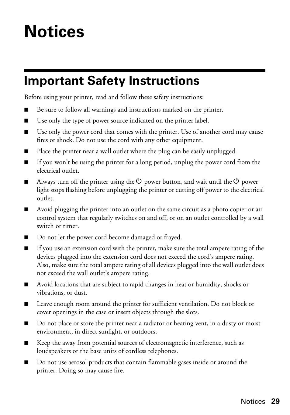 Notices, Important safety instructions | Epson Artisan 50 Series User Manual | Page 29 / 36