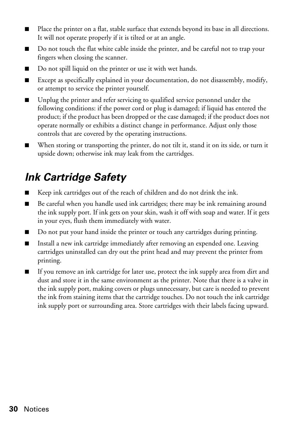 Ink cartridge safety | Epson Artisan 50 Series User Manual | Page 30 / 36