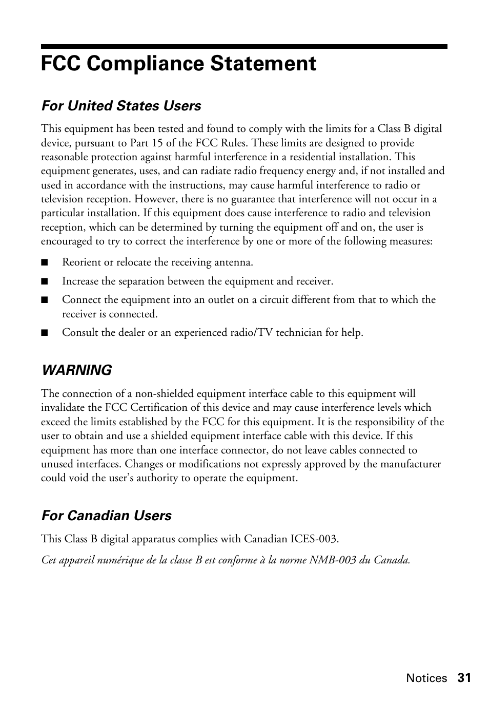Fcc compliance statement, For united states users, Warning | For canadian users | Epson Artisan 50 Series User Manual | Page 31 / 36