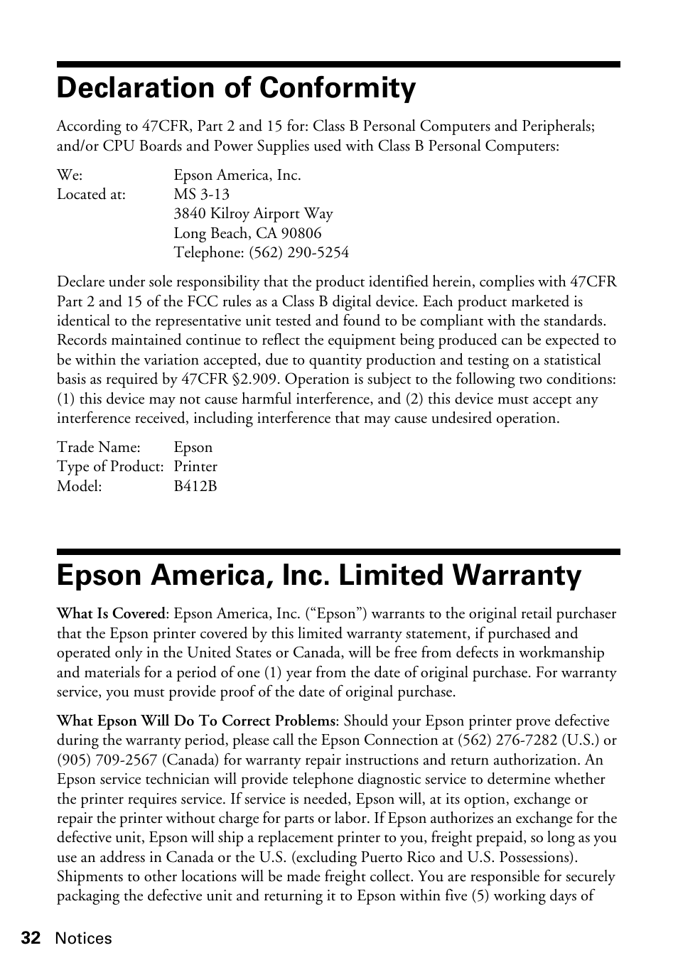 Declaration of conformity, Epson america, inc. limited warranty, Warranty | Epson Artisan 50 Series User Manual | Page 32 / 36