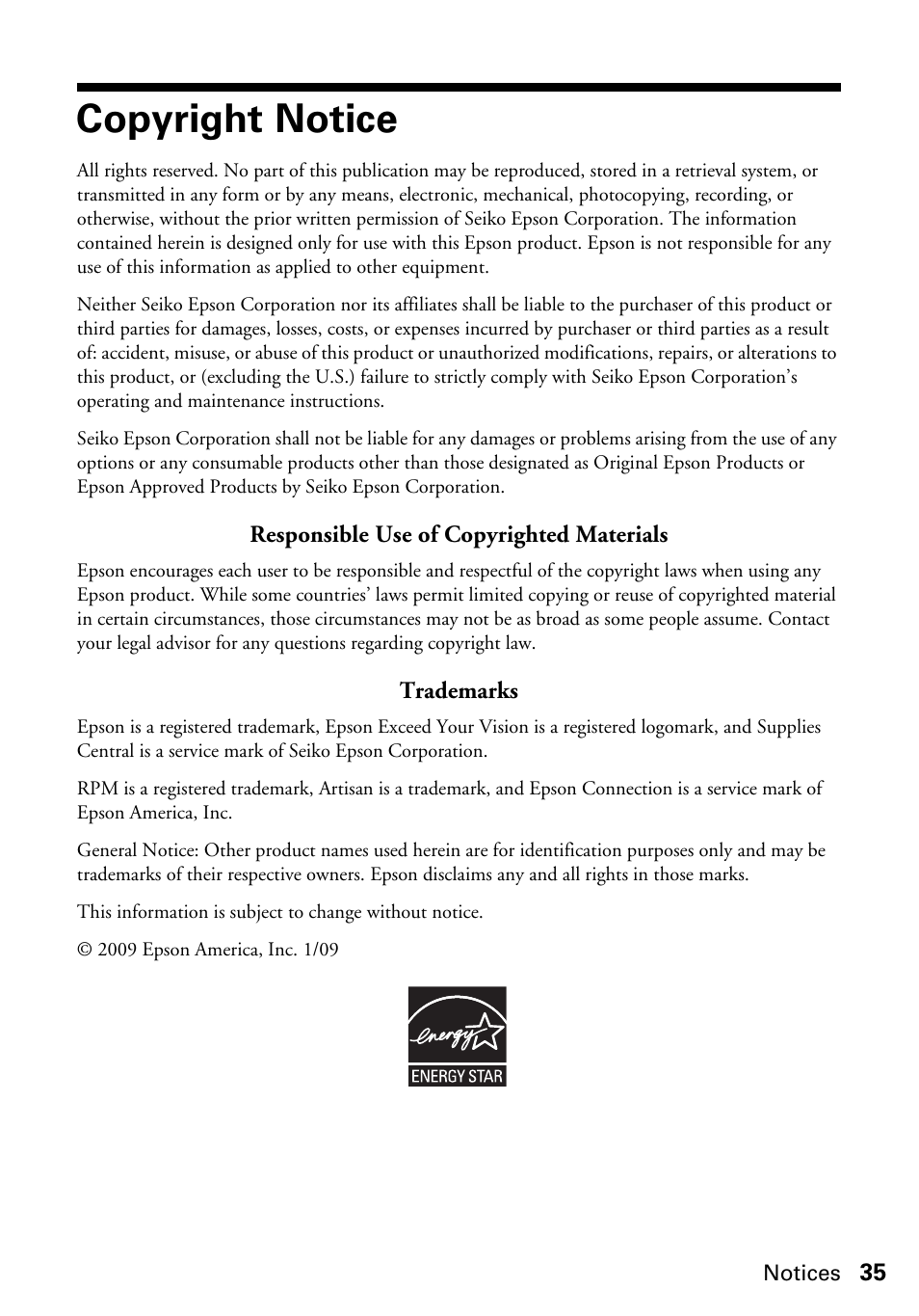 Copyright notice | Epson Artisan 50 Series User Manual | Page 35 / 36