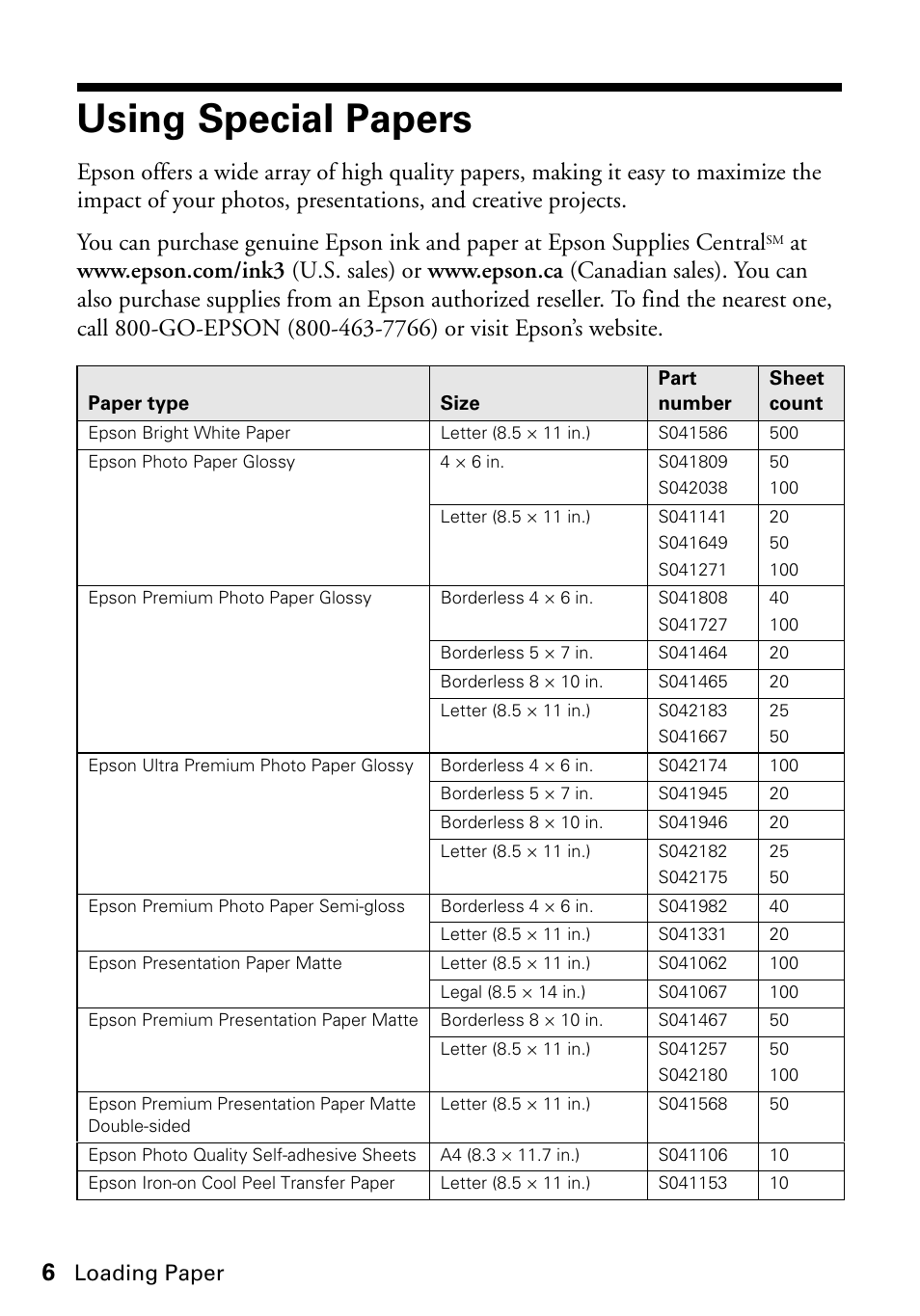 Using special papers | Epson Artisan 50 Series User Manual | Page 6 / 36