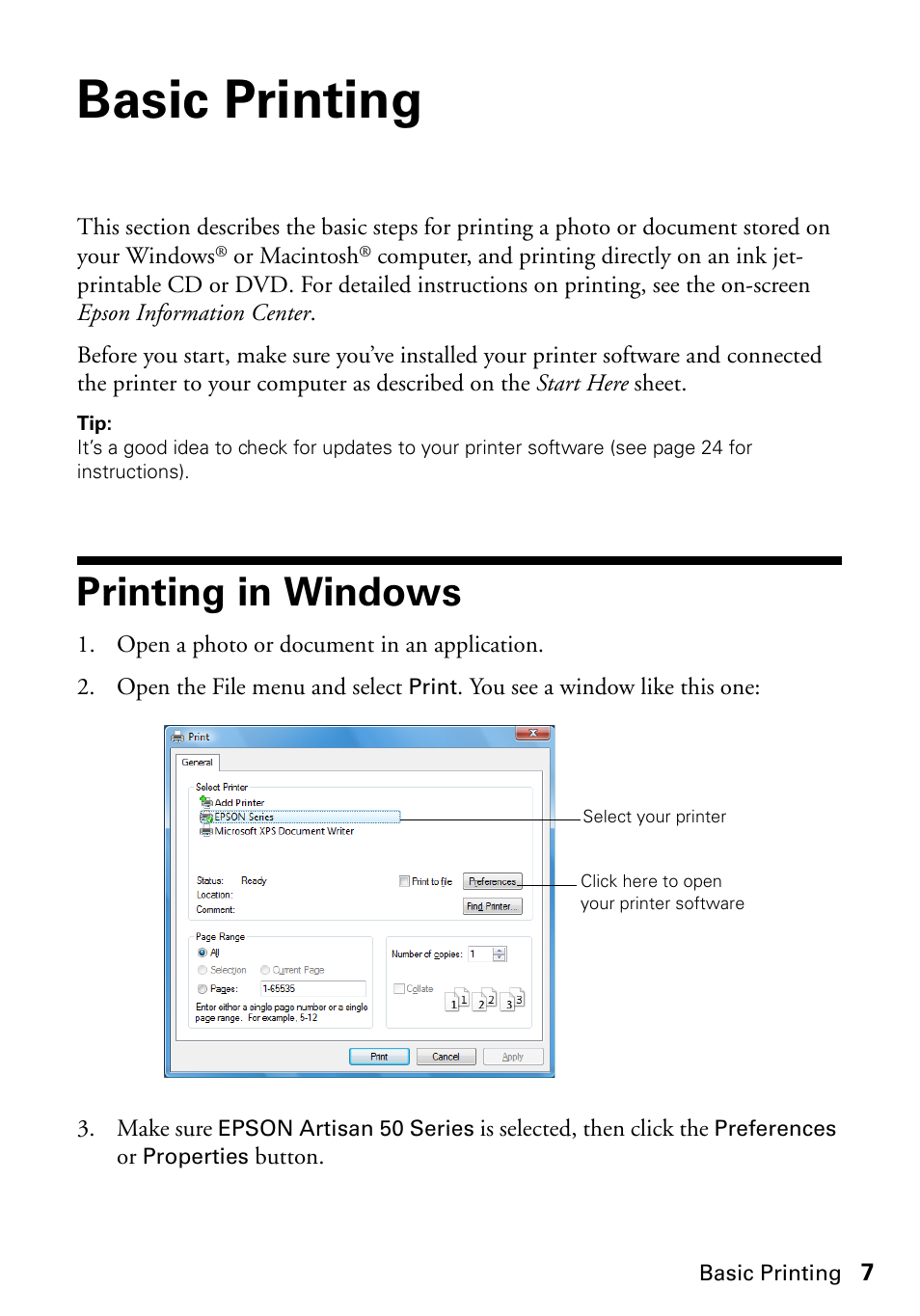 Basic printing, Printing in windows | Epson Artisan 50 Series User Manual | Page 7 / 36