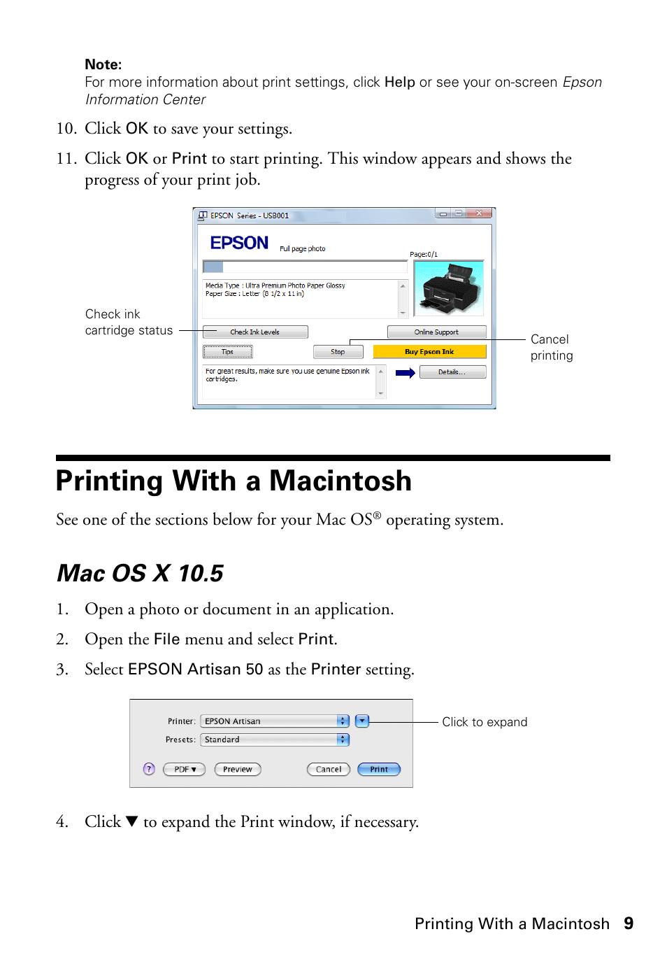 Printing with a macintosh, Mac os x 10.5 | Epson Artisan 50 Series User Manual | Page 9 / 36