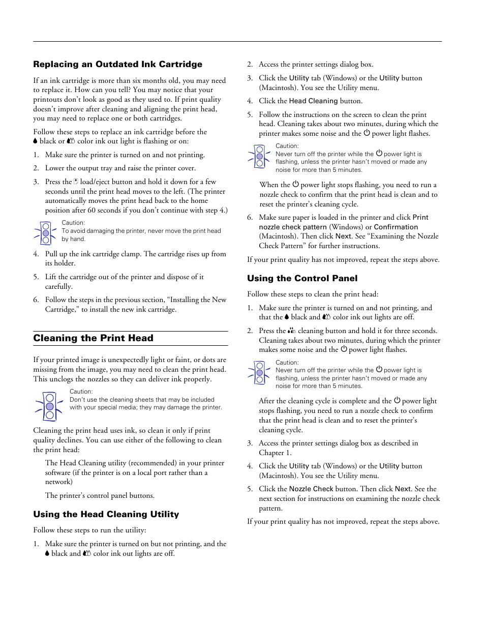 Replacing an outdated ink cartridge, Cleaning the print head, Using the head cleaning utility | Using the control panel | Epson Stylus Photo 700 User Manual | Page 10 / 12