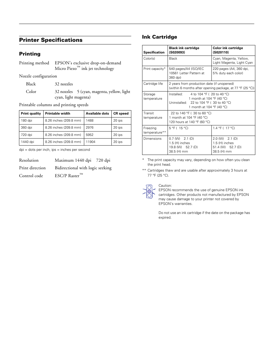 Printer specifications, Printing, Ink cartridge | Epson stylus photo 700 | Epson Stylus Photo 700 User Manual | Page 2 / 12