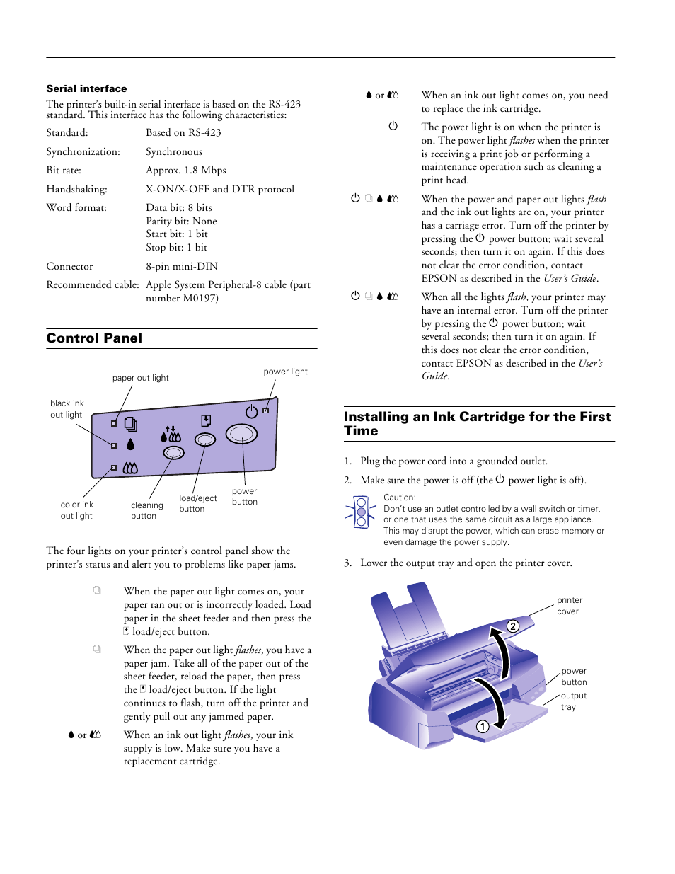 Control panel, Installing an ink cartridge for the first time | Epson Stylus Photo 700 User Manual | Page 6 / 12