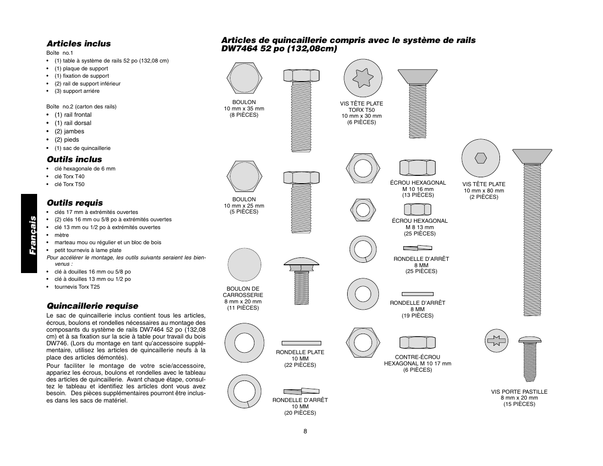 Français, Articles inclus, Outils inclus | Outils requis, Quincaillerie requise | Epson DW7464 User Manual | Page 12 / 24