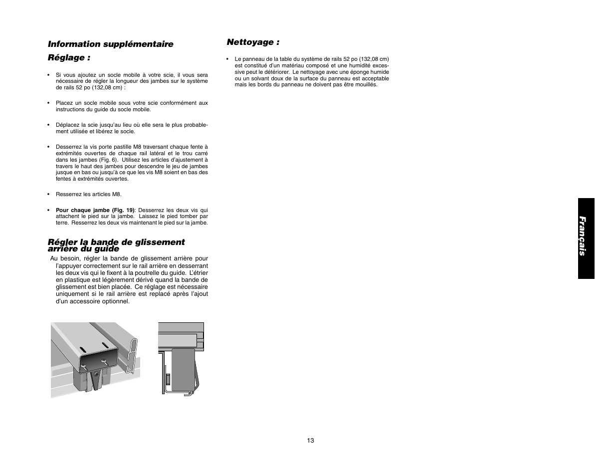 Français, Information supplémentaire réglage, Régler la bande de glissement arrière du guide | Nettoyage | Epson DW7464 User Manual | Page 17 / 24