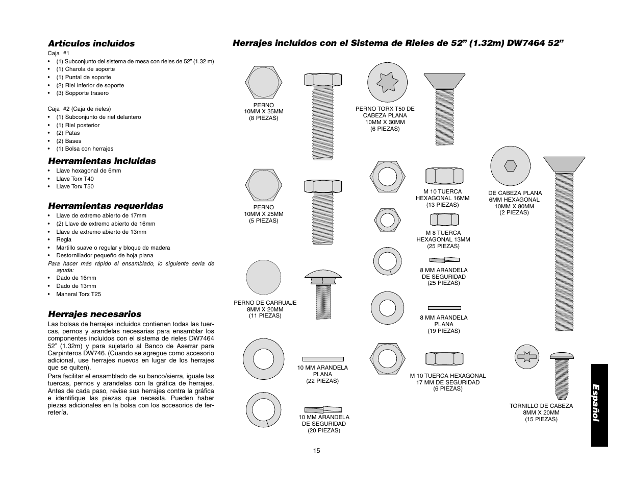 Español, Artículos incluidos, Herramientas incluidas | Herramientas requeridas, Herrajes necesarios | Epson DW7464 User Manual | Page 19 / 24