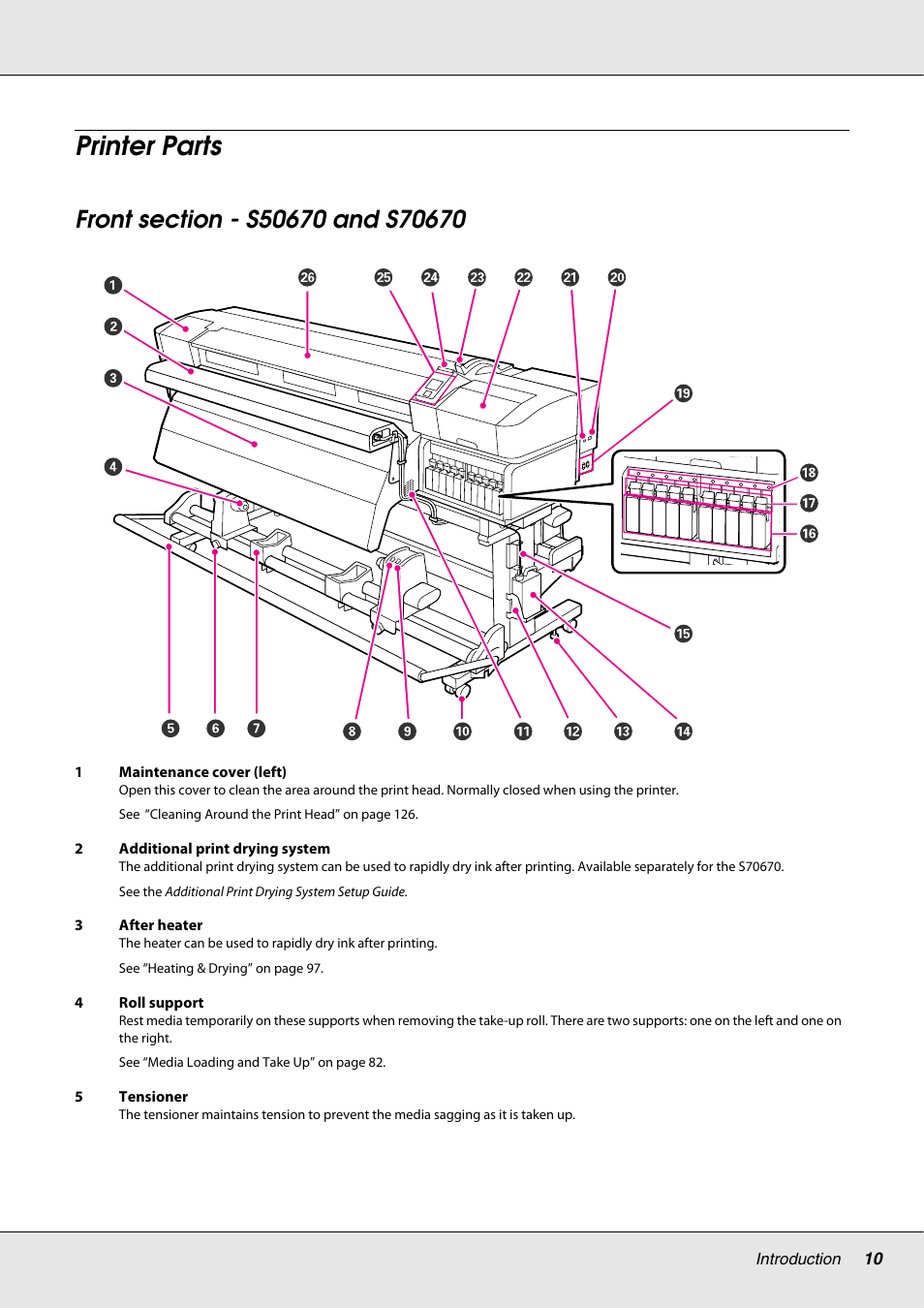 Printer parts, Front section - s50670 and s70670 | Epson S70670 User Manual | Page 10 / 193