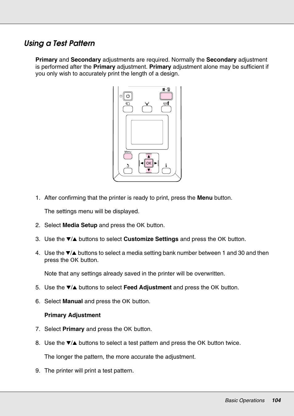 Using a test pattern | Epson S70670 User Manual | Page 104 / 193