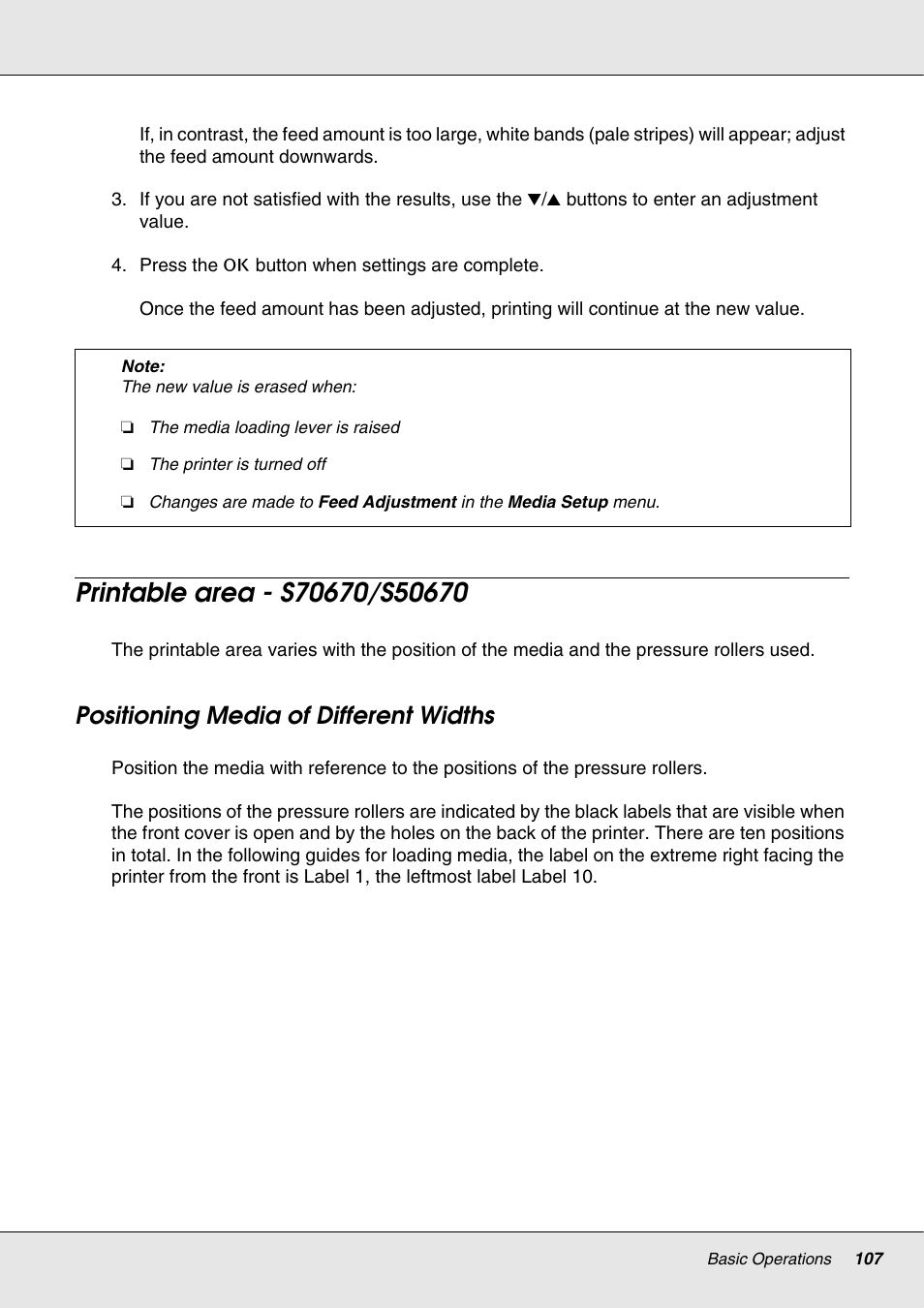 Printable area - s70670/s50670, Positioning media of different widths | Epson S70670 User Manual | Page 107 / 193