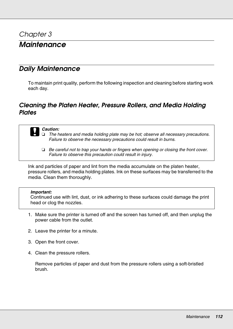 Maintenance, Daily maintenance, Chapter 3 maintenance | Chapter 3 | Epson S70670 User Manual | Page 112 / 193