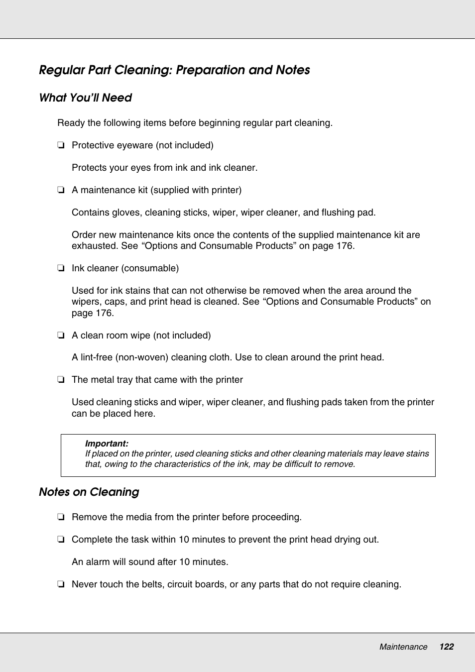 Regular part cleaning: preparation and notes | Epson S70670 User Manual | Page 122 / 193