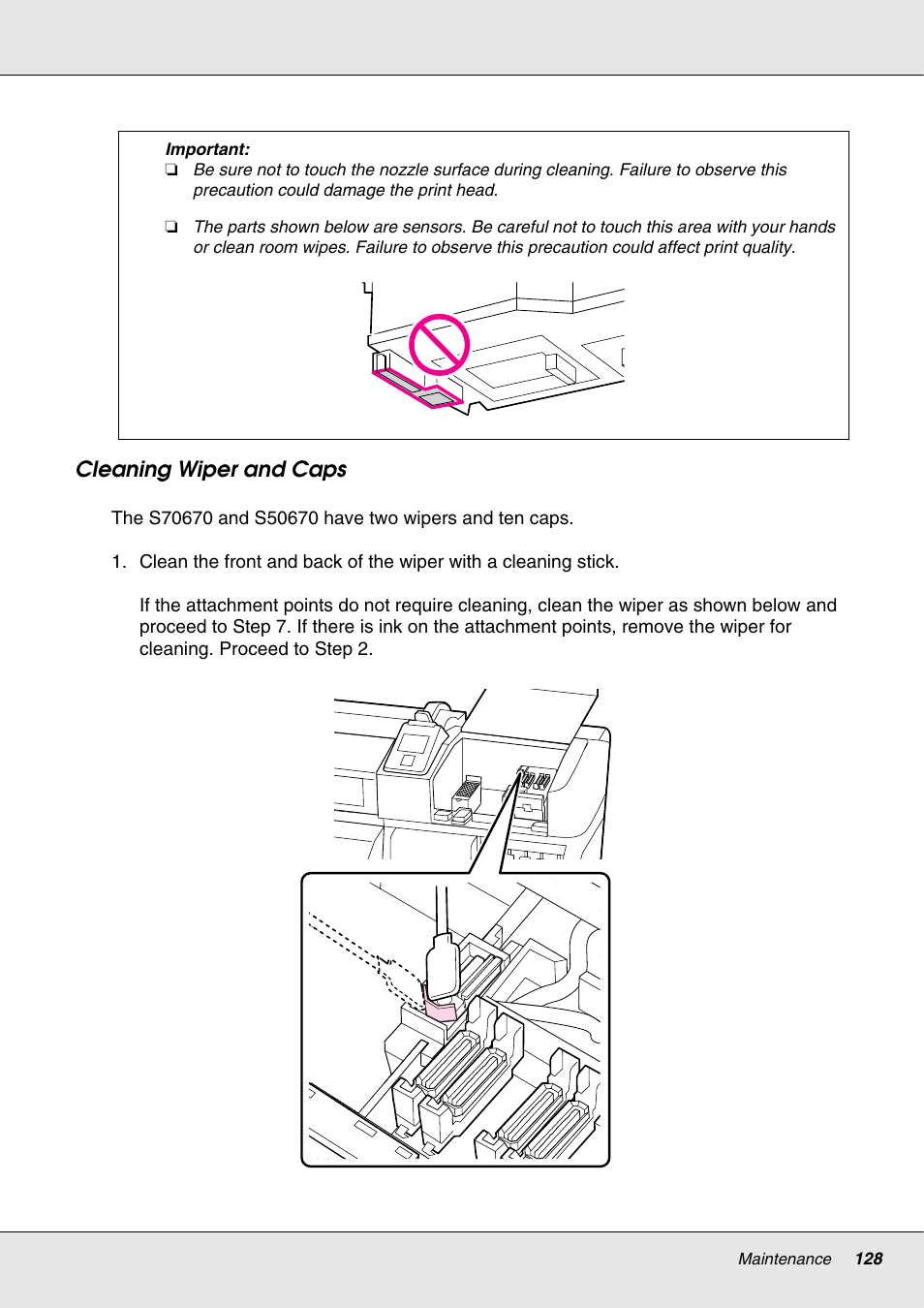 Cleaning wiper and caps | Epson S70670 User Manual | Page 128 / 193