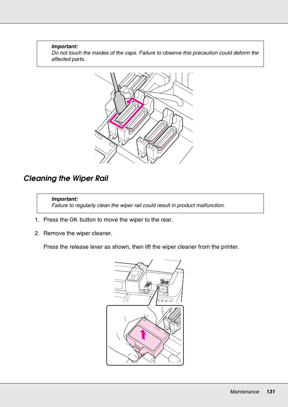 Cleaning the wiper rail | Epson S70670 User Manual | Page 131 / 193