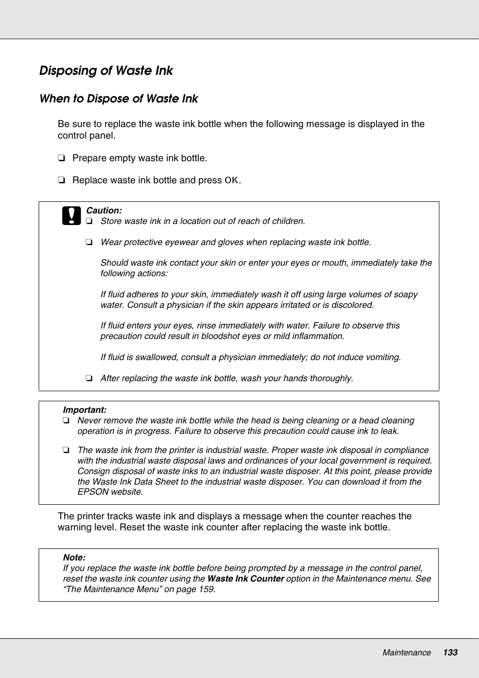 Disposing of waste ink | Epson S70670 User Manual | Page 133 / 193