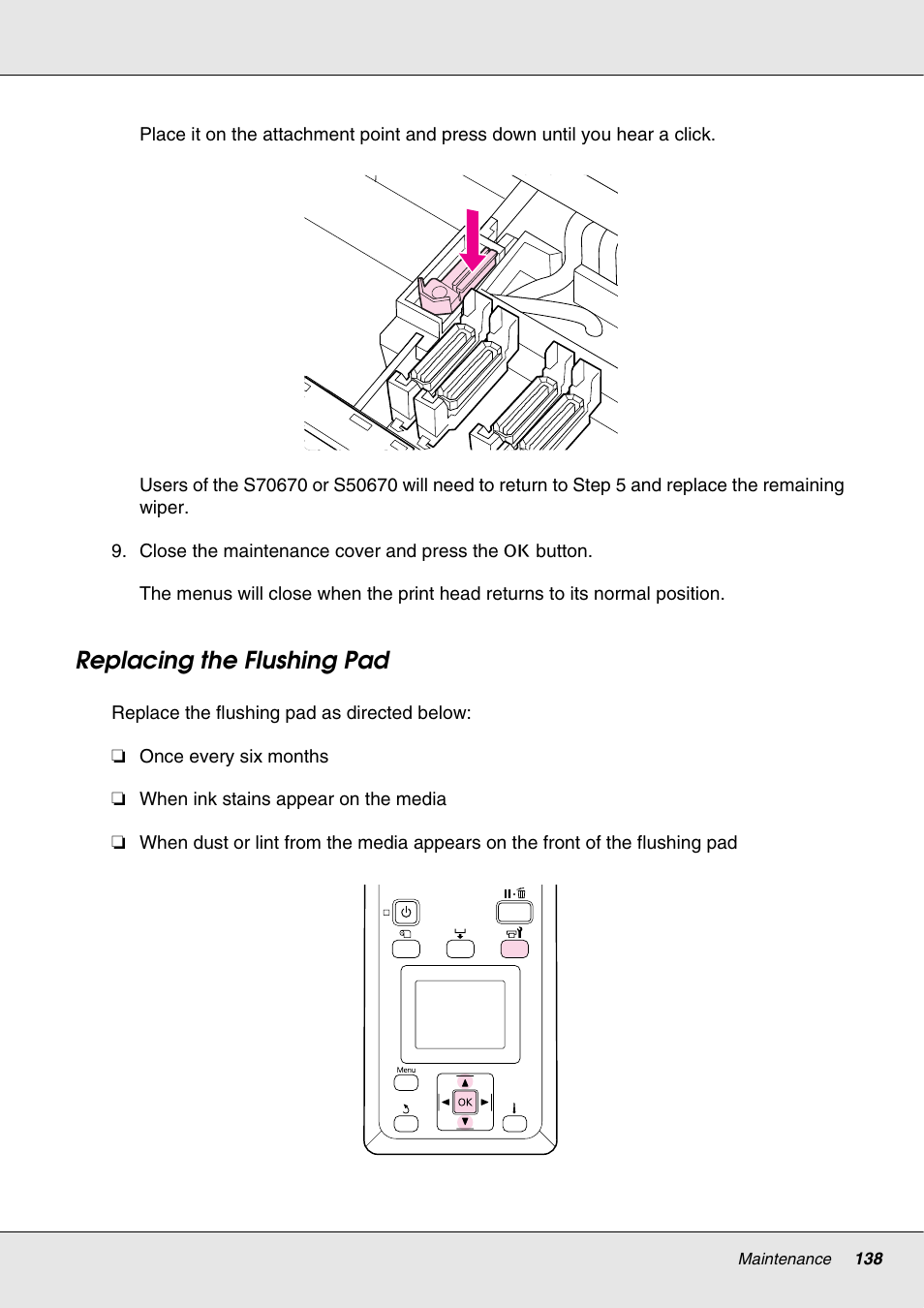 Replacing the flushing pad | Epson S70670 User Manual | Page 138 / 193