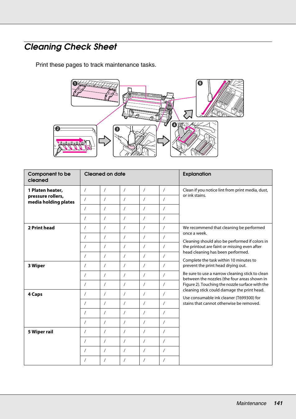 Cleaning check sheet, Print these pages to track maintenance tasks | Epson S70670 User Manual | Page 141 / 193