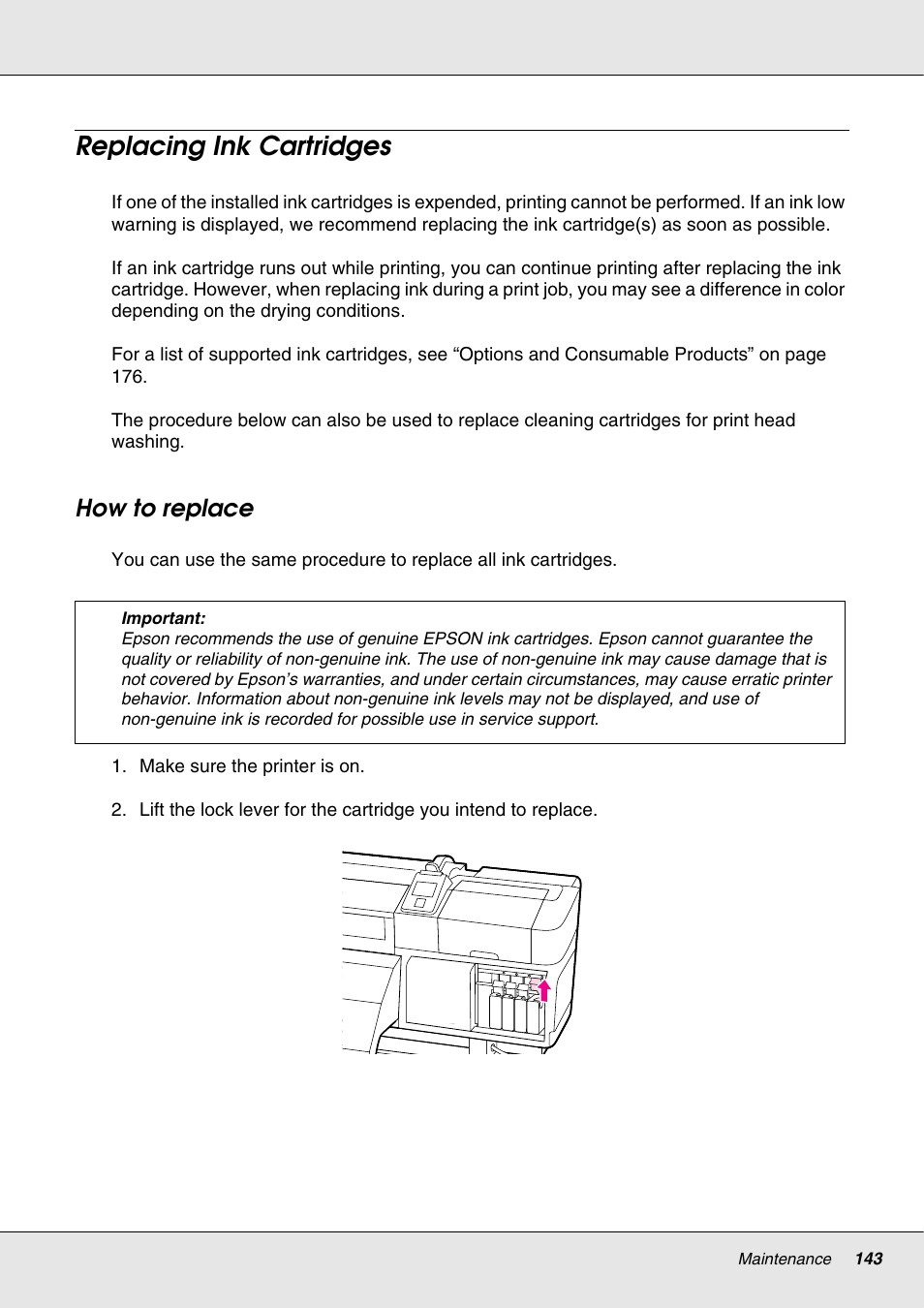 Replacing ink cartridges, How to replace | Epson S70670 User Manual | Page 143 / 193