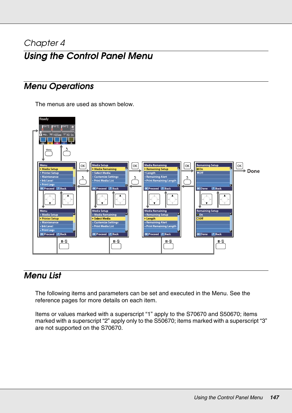 Using the control panel menu, Menu operations, Menu list | Chapter 4 using the control panel menu, Menu operations menu list, Chapter 4 | Epson S70670 User Manual | Page 147 / 193
