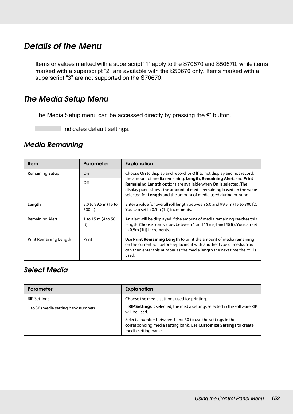 Details of the menu, The media setup menu, Media remaining select media | Epson S70670 User Manual | Page 152 / 193