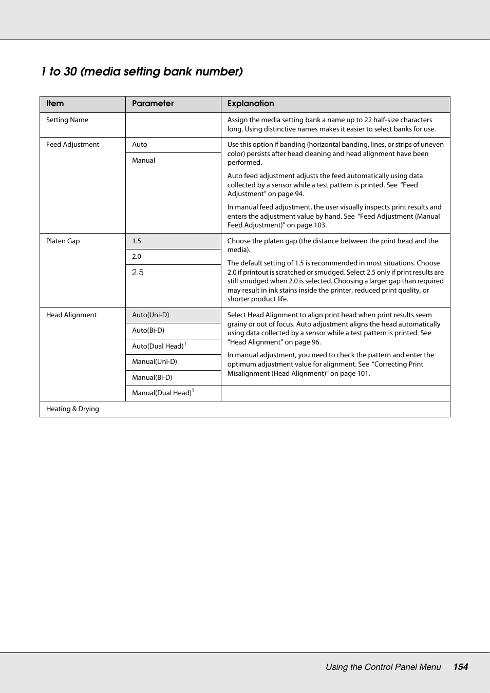 1 to 30 (media setting bank number) | Epson S70670 User Manual | Page 154 / 193