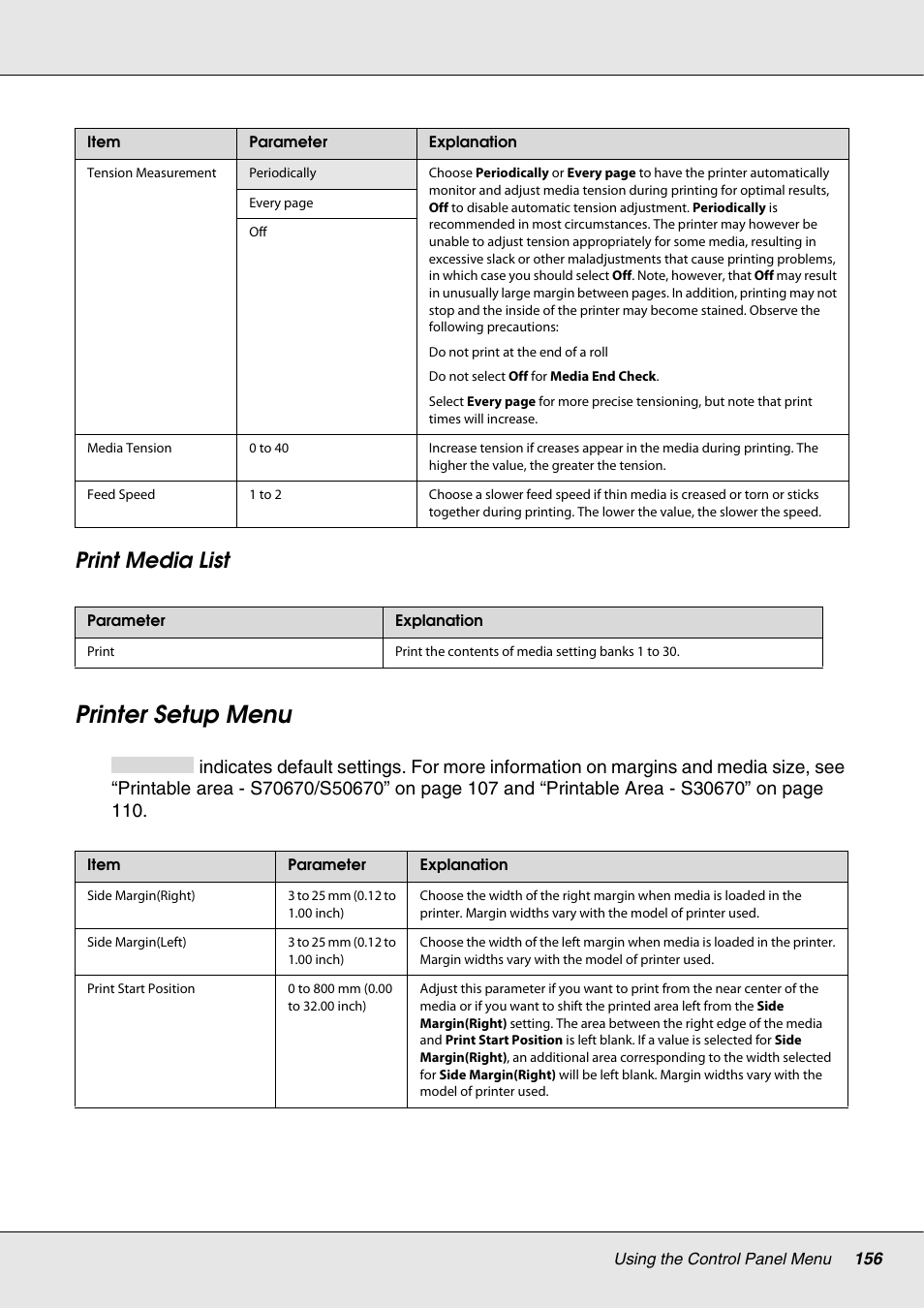 Printer setup menu, Print media list | Epson S70670 User Manual | Page 156 / 193