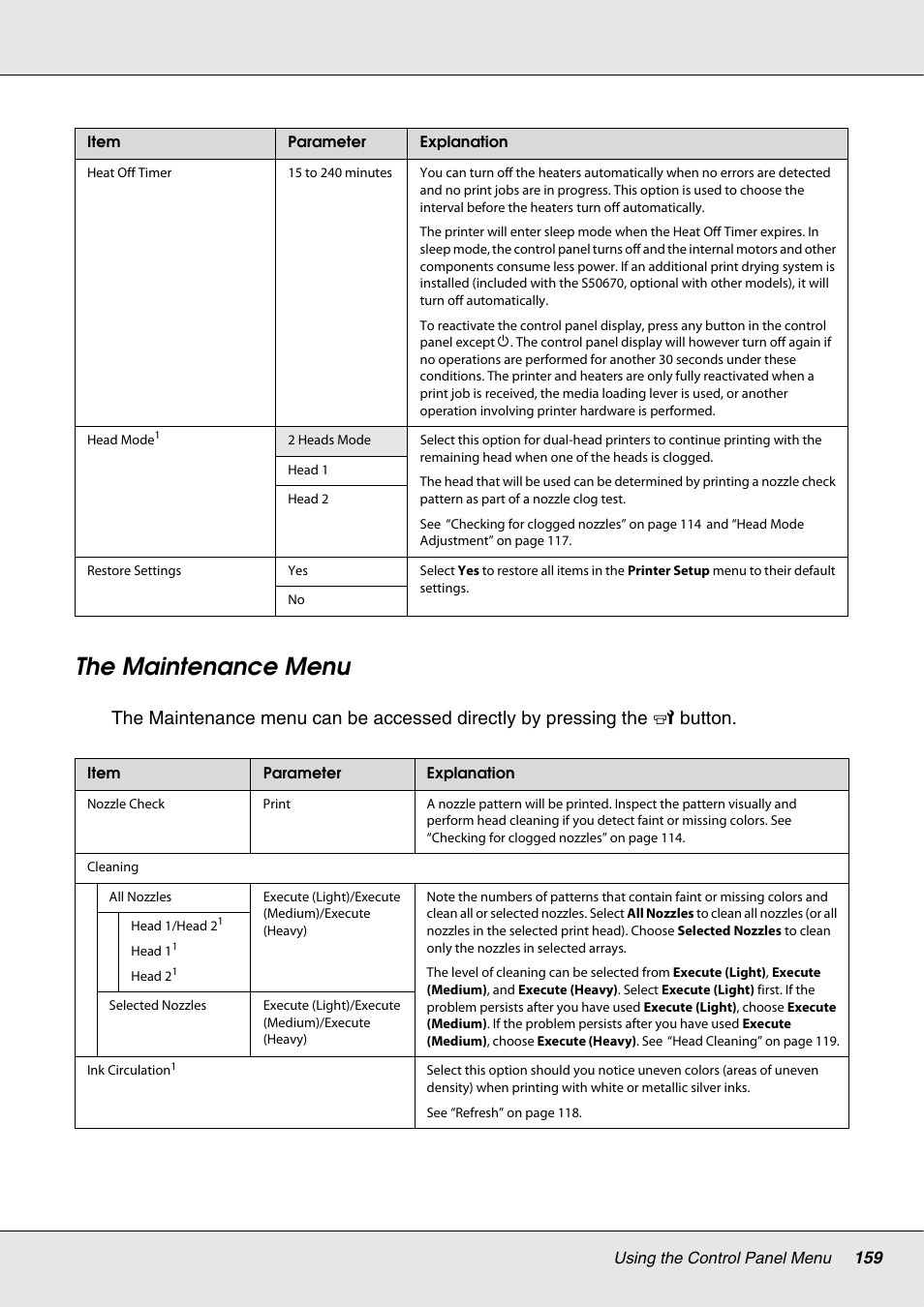 The maintenance menu | Epson S70670 User Manual | Page 159 / 193