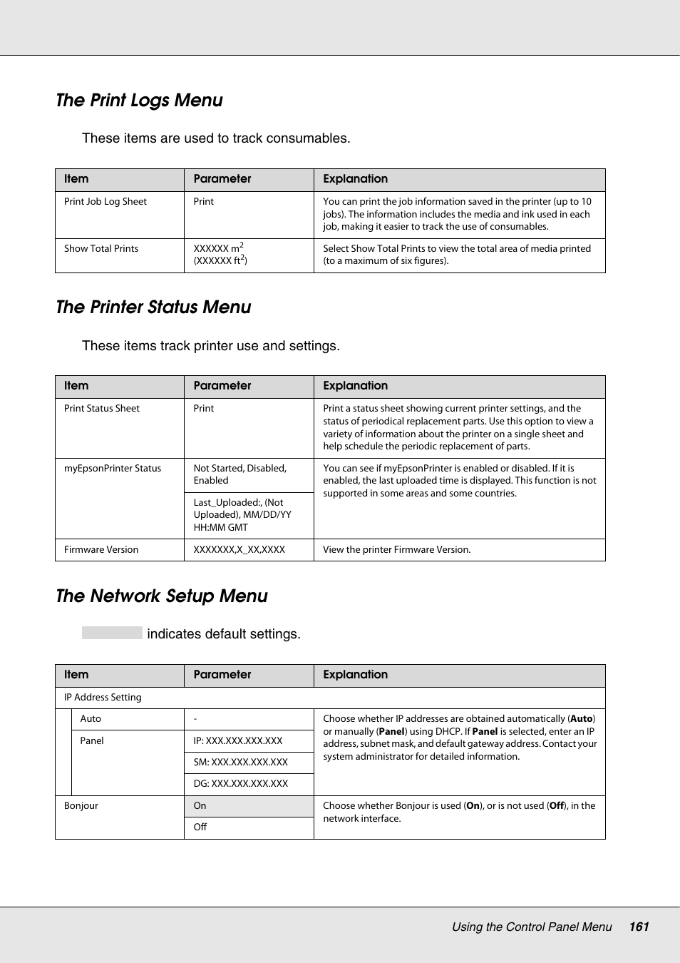 The print logs menu, The printer status menu, The network setup menu | These items are used to track consumables, These items track printer use and settings, Indicates default settings | Epson S70670 User Manual | Page 161 / 193