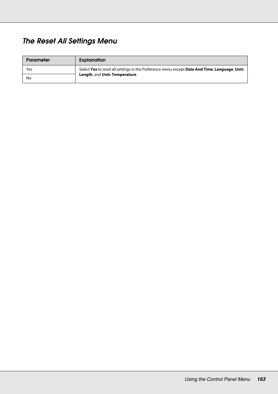 The reset all settings menu | Epson S70670 User Manual | Page 163 / 193